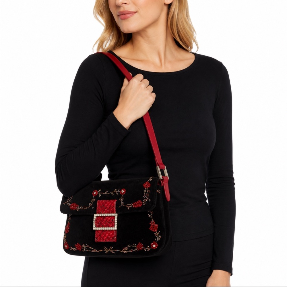 💥NWOT💥HOLT RENFREW Black and Red Embroidered Shoulder Bag